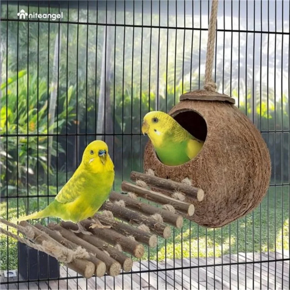Natural Coconut Hideaway with Ladder,Bird and Small Animal Toy House with Ladder